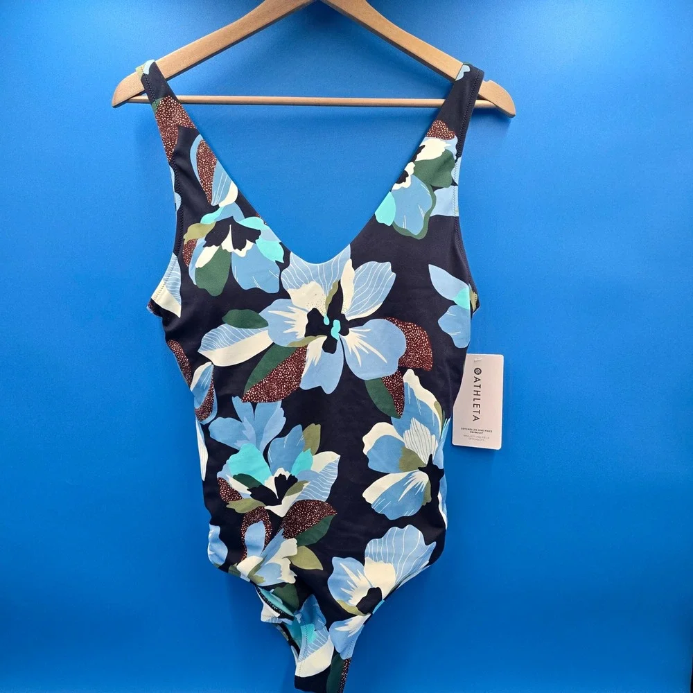 Athleta‎ Seychelles One Piece Swimsuit Floral Navy Blue Tall Large NWT 986170